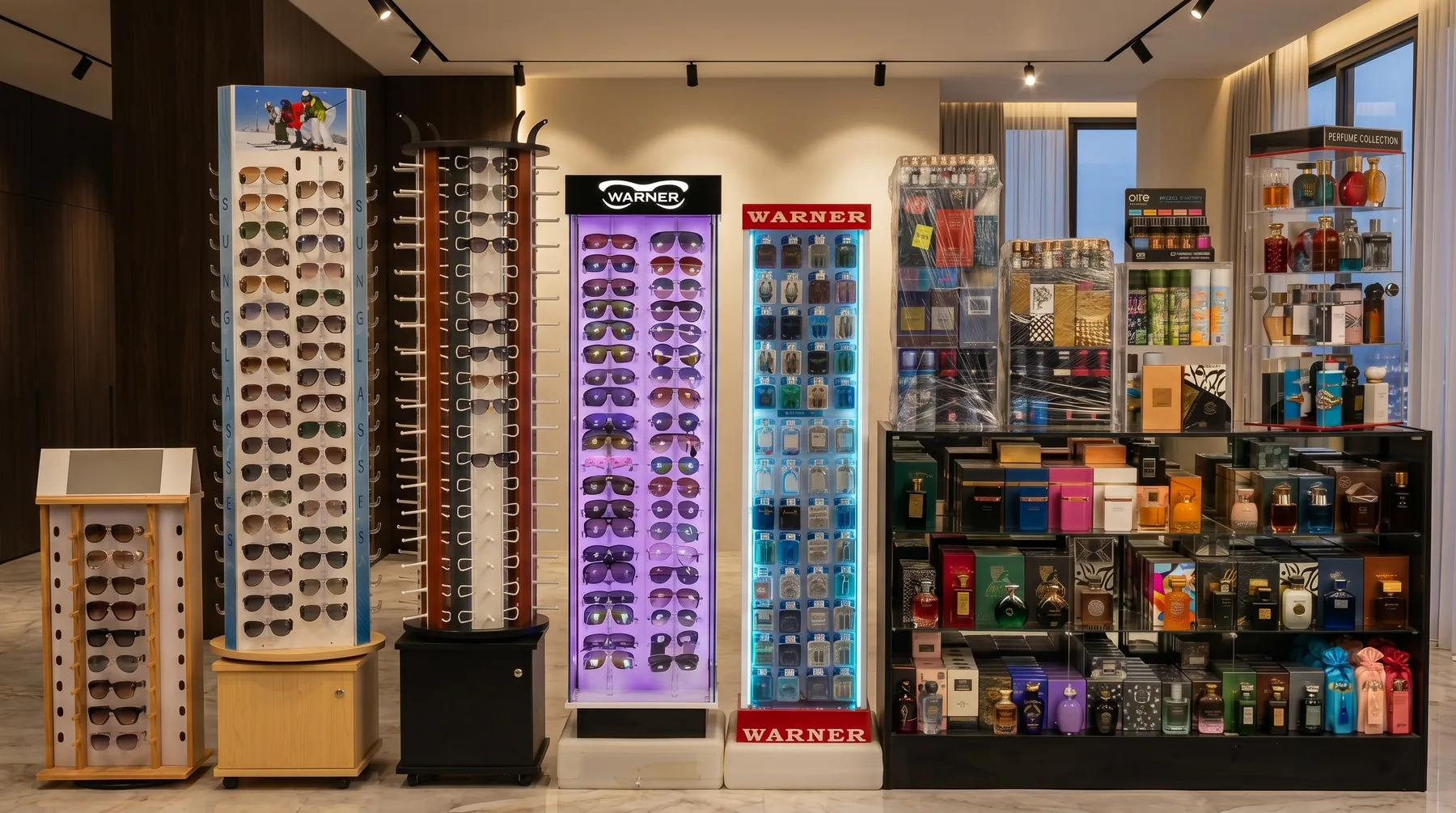 Premium-lit accessory displays in the Warner Wireless Gears showroom