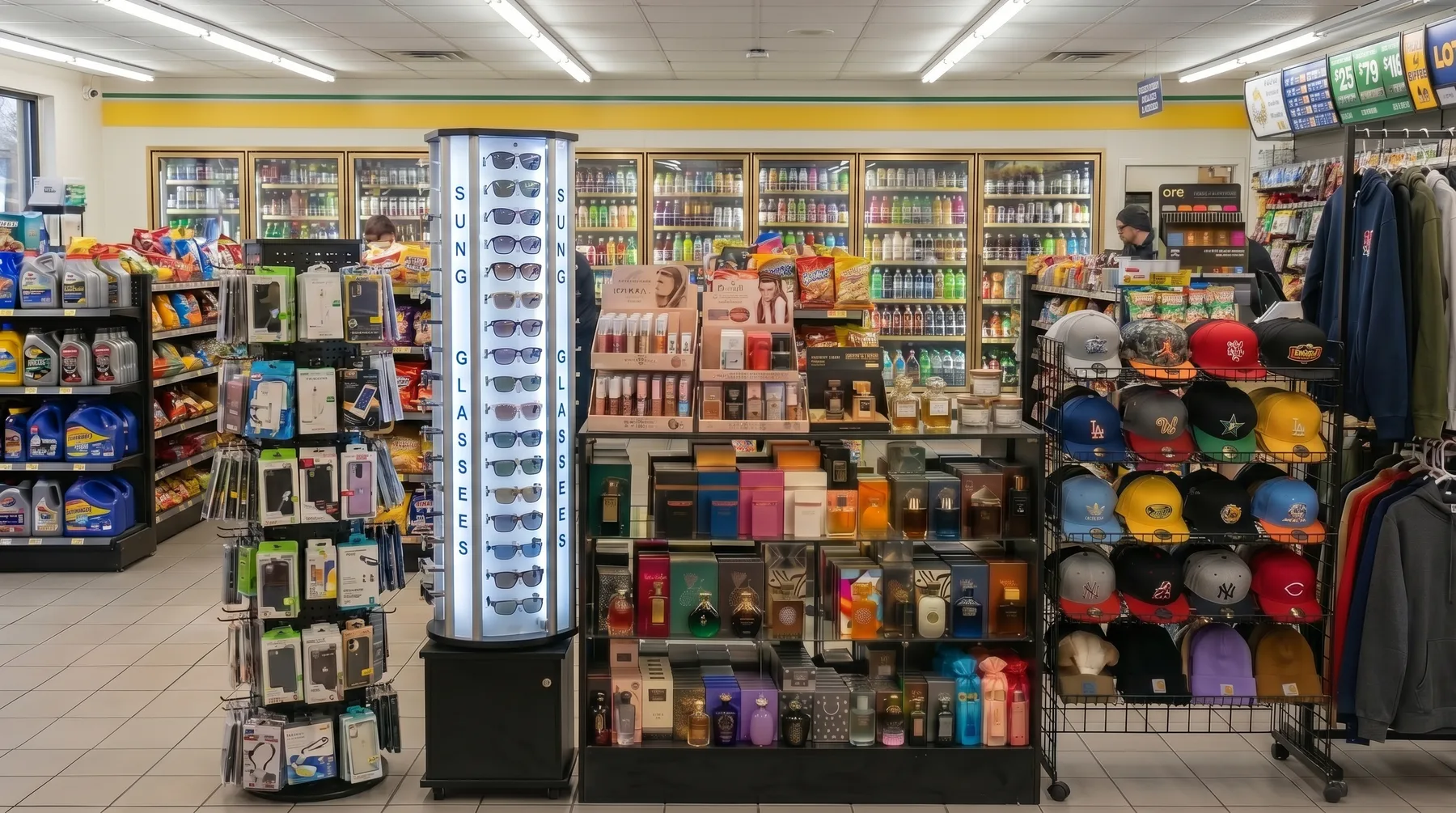 Curated lineup of LED-lit display cases at Warner Wireless Gears